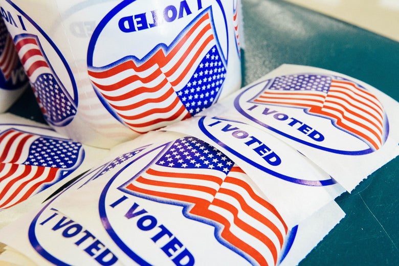 Vote stickers, given to those who vote, are seen November 8, 2016, at Colin Powell Elementary School, in Centreville, Virginia.